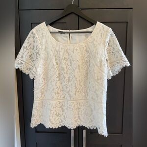 🌸 🕊️ Talbots Cream Lined Lace Blouse Crochet Accents Side Zipper M EUC